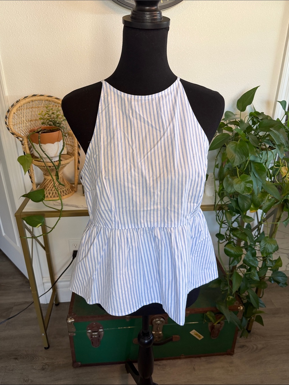 Blue & White Striped Halter Peplum Camisole